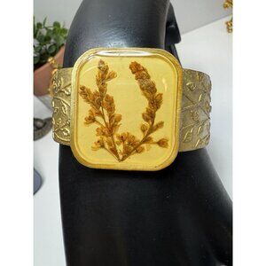 Artist Design Botanical Pressed Flower Cuff Bracelet Wide Gold Tone Sz 7
